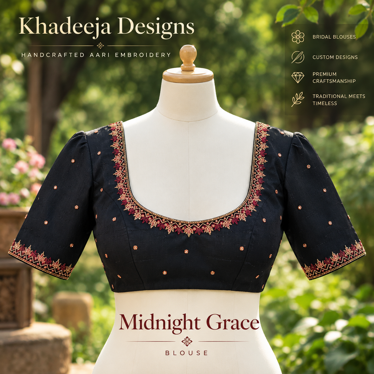 black with maroon and antique-gold embroidery Aari embroidered blouse design
